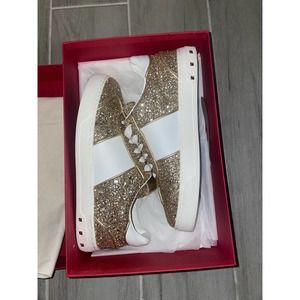 Valentino Gold/White Glitter and Leather Low Top Sneakers Size 38